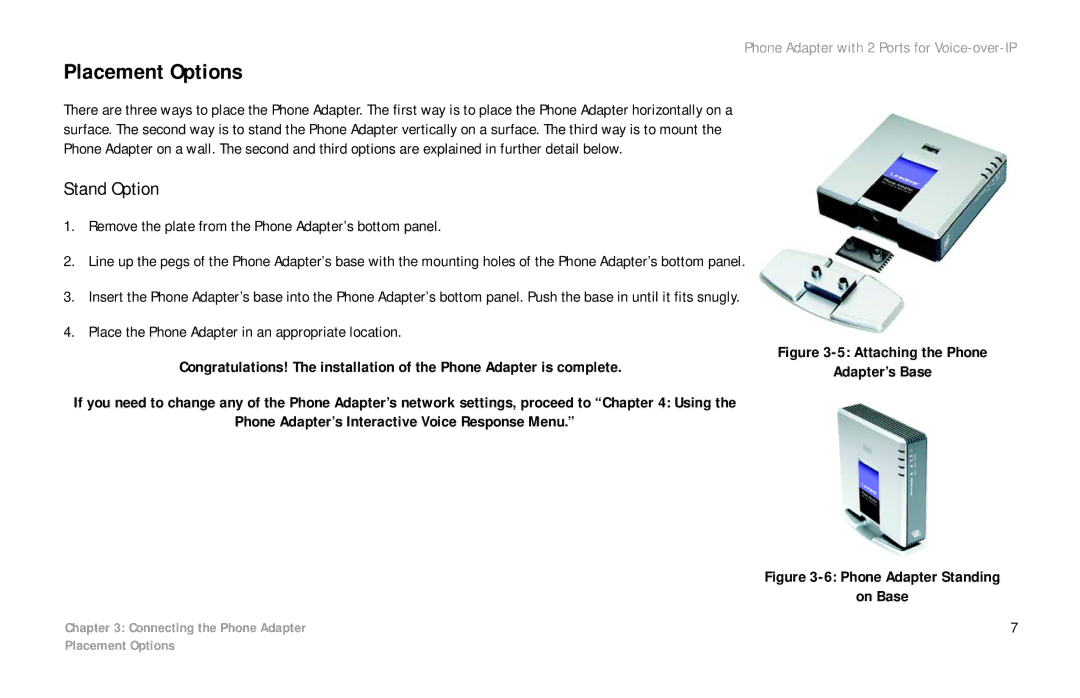 Over And Back PAP2 manual Placement Options, Stand Option, Remove the plate from the Phone Adapter’s bottom panel 