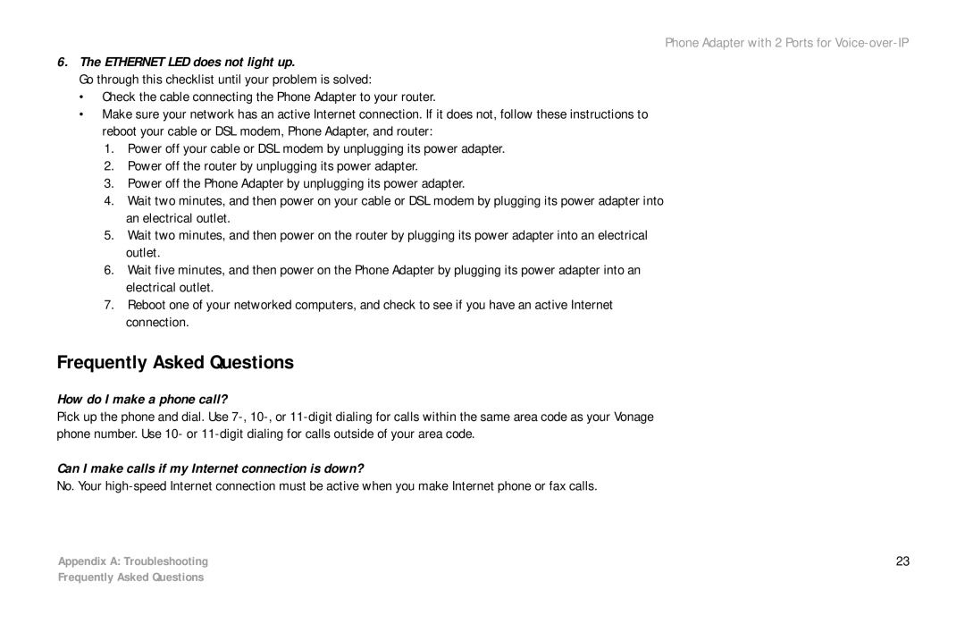 Over And Back PAP2 manual Frequently Asked Questions, Ethernet LED does not light up 