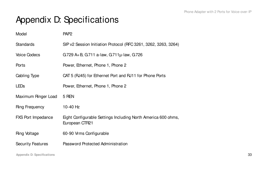 Over And Back PAP2 manual Appendix D Specifications 