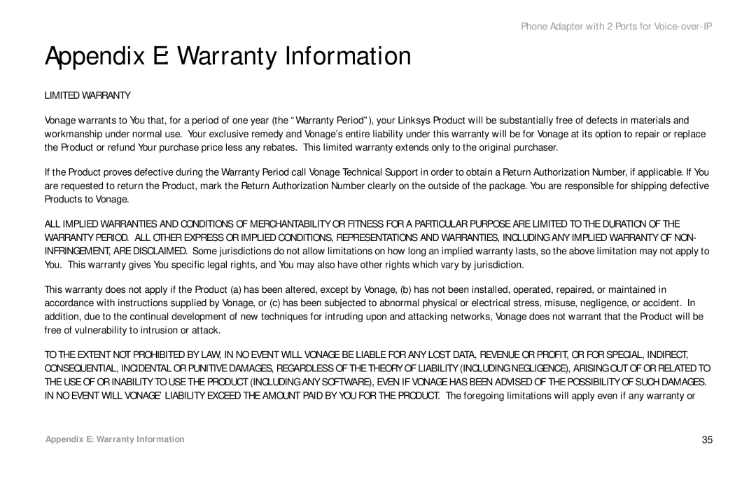 Over And Back PAP2 manual Appendix E Warranty Information, Limited Warranty 