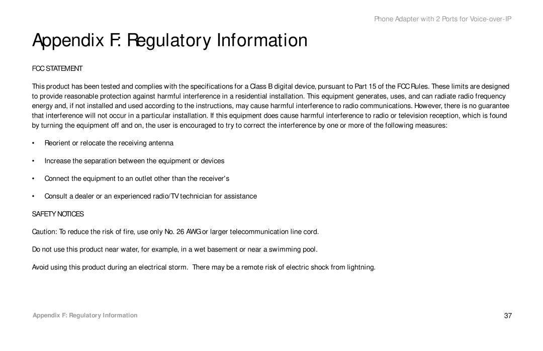 Over And Back PAP2 manual Appendix F Regulatory Information, FCC Statement 