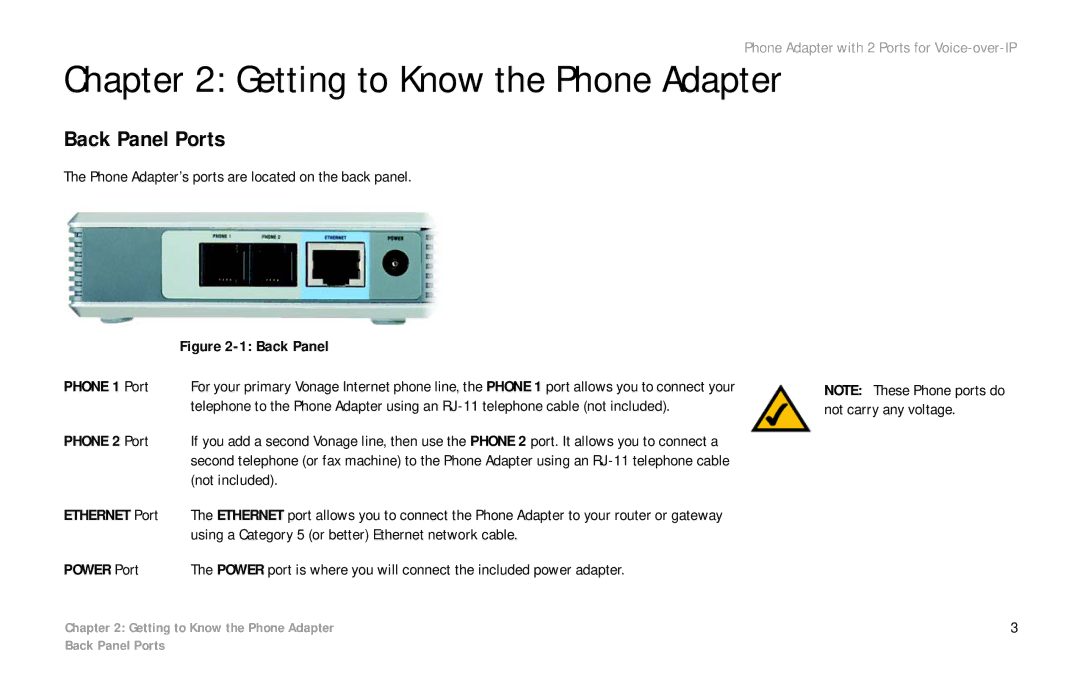 Over And Back PAP2 manual Getting to Know the Phone Adapter, Back Panel Ports 