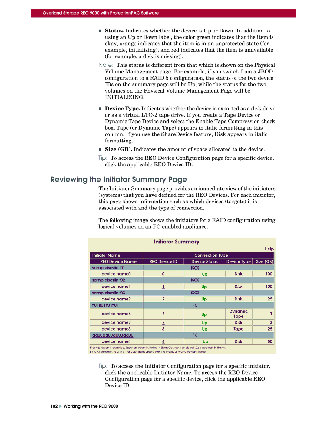 Overland Storage REO 9000 setup guide Reviewing the Initiator Summary, Initializing 