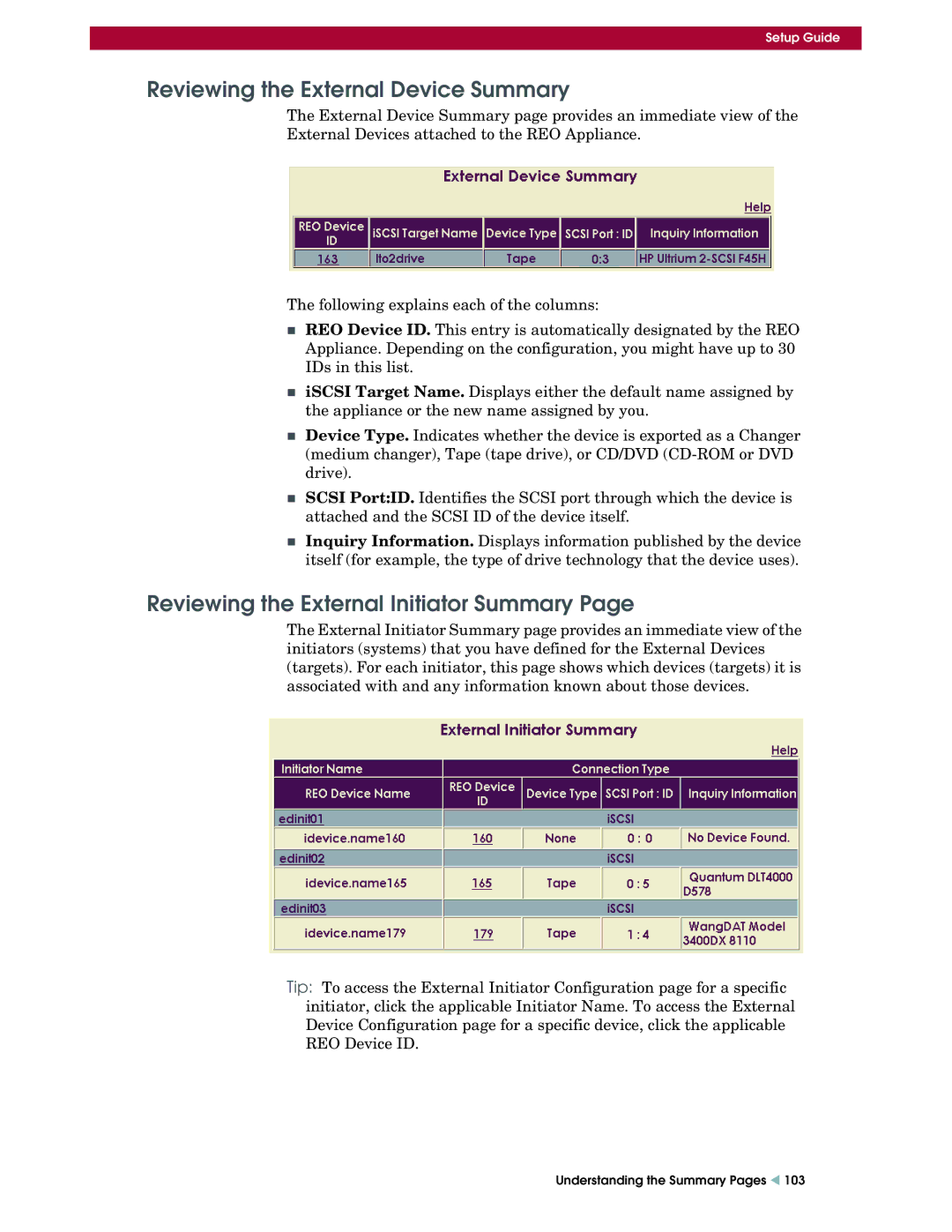 Overland Storage REO 9000 setup guide Reviewing the External Device Summary, Reviewing the External Initiator Summary 