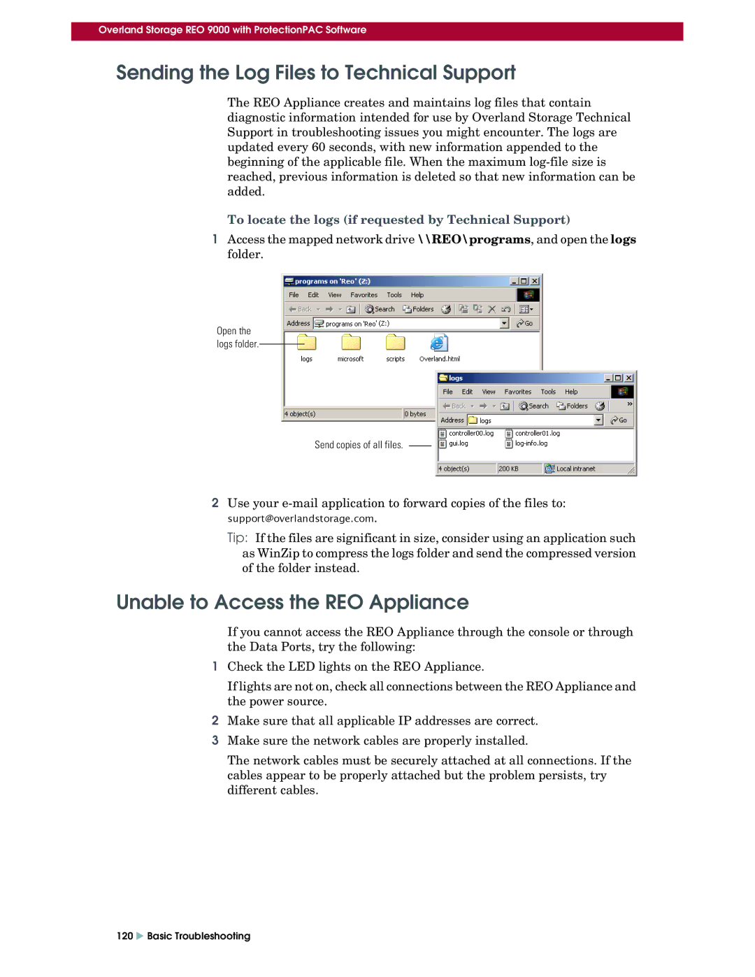 Overland Storage REO 9000 setup guide Sending the Log Files to Technical Support, Unable to Access the REO Appliance 