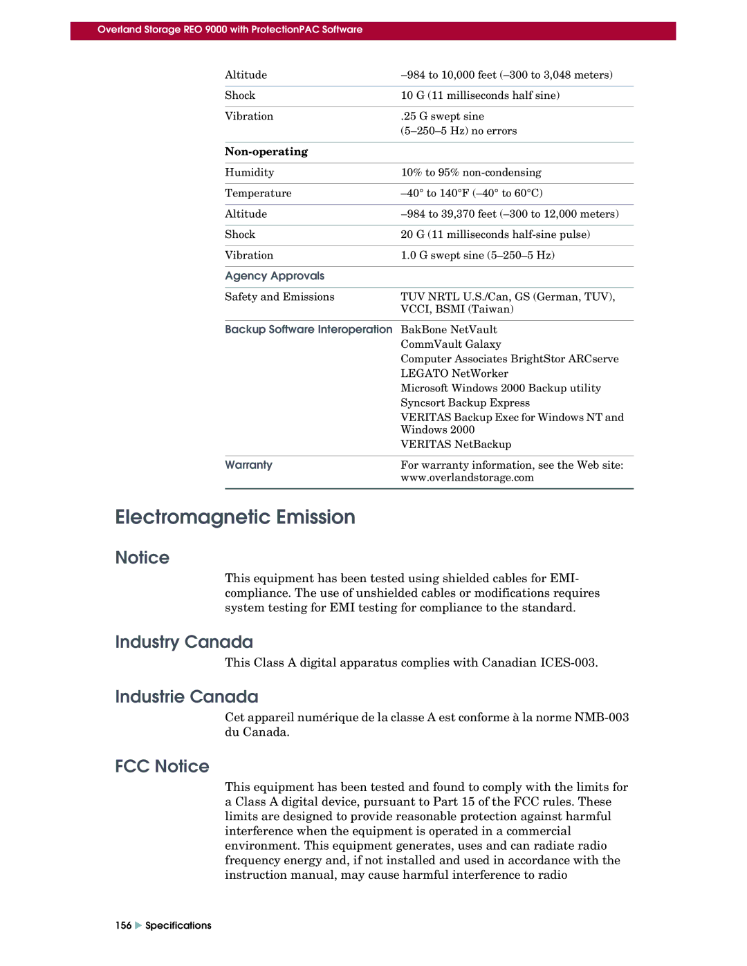 Overland Storage REO 9000 setup guide Electromagnetic Emission, Industry Canada, Industrie Canada, FCC Notice 