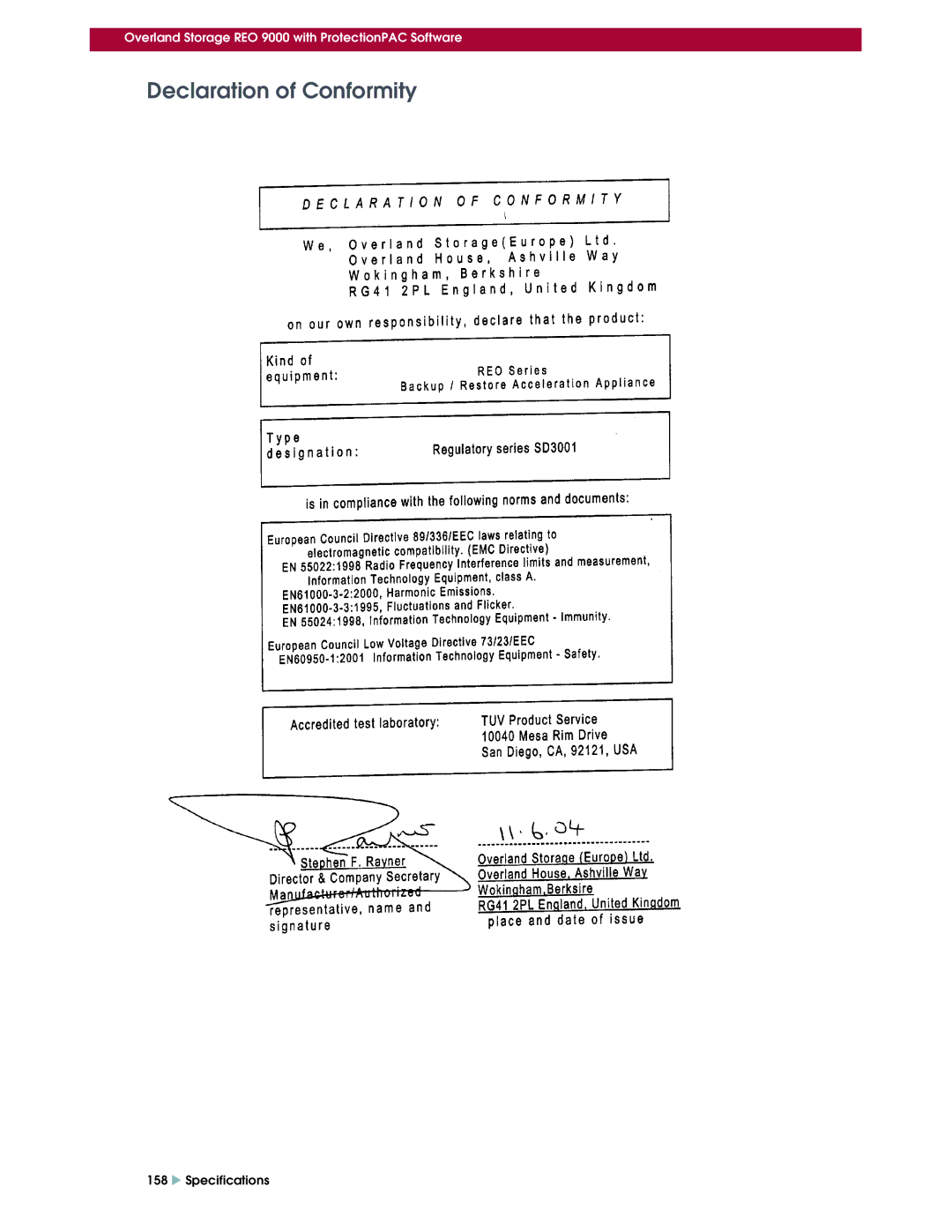 Overland Storage REO 9000 setup guide Declaration of Conformity 