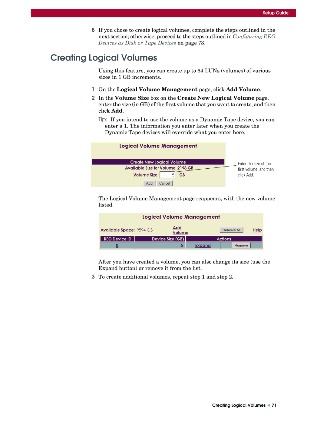 Overland Storage REO 9000 setup guide Creating Logical Volumes, On the Logical Volume Management page, click Add Volume 