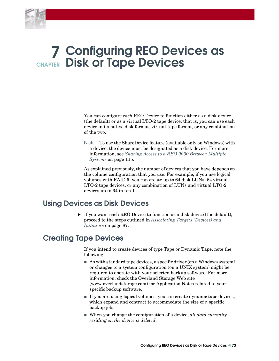 Overland Storage REO 9000 setup guide Configuring REO Devices as Disk or Tape Devices, Using Devices as Disk Devices 