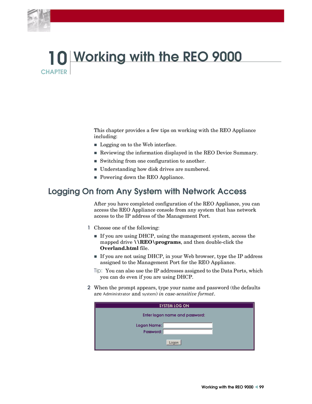 Overland Storage REO 9000 setup guide Working with the REO, Logging On from Any System with Network Access 