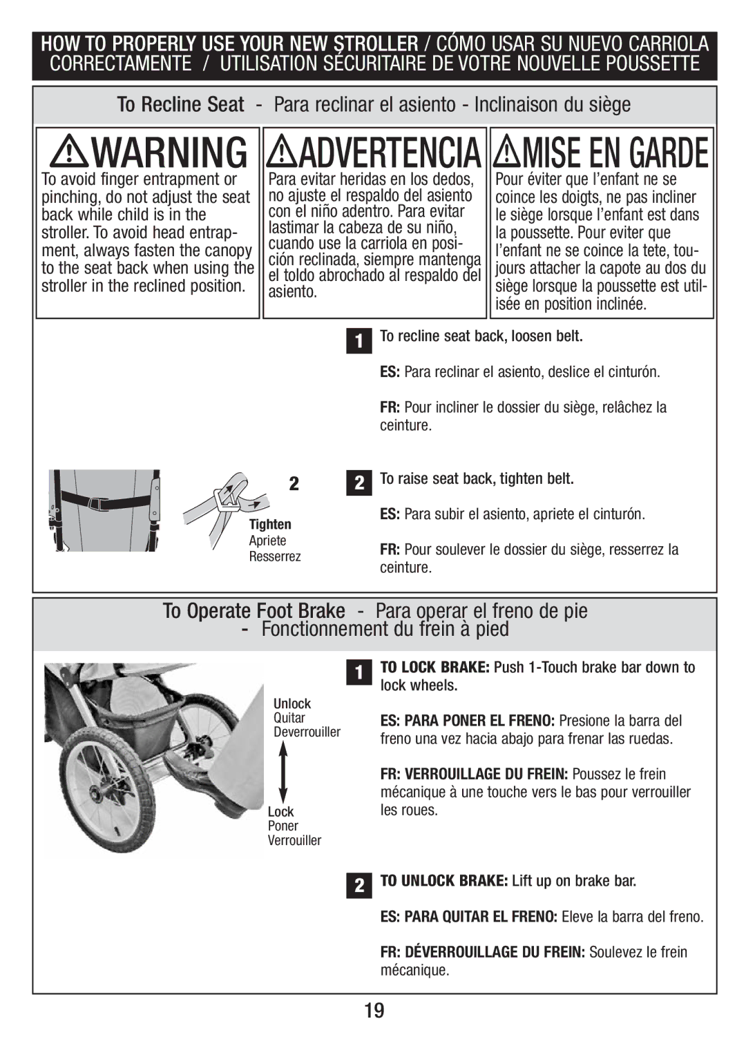 Overland Storage S81-T-R2 4/10 manual To Lock Brake Push 1-Touch brake bar down to lock wheels, Apriete Resserrez, Unlock 