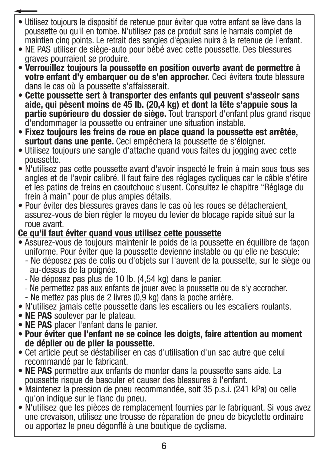 Overland Storage S81-T-R2 4/10 manual Ce quil faut éviter quand vous utilisez cette poussette 