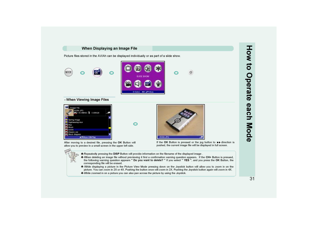 Ovideon AVIAh user manual When Displaying an Image File, When Viewing Image Files 