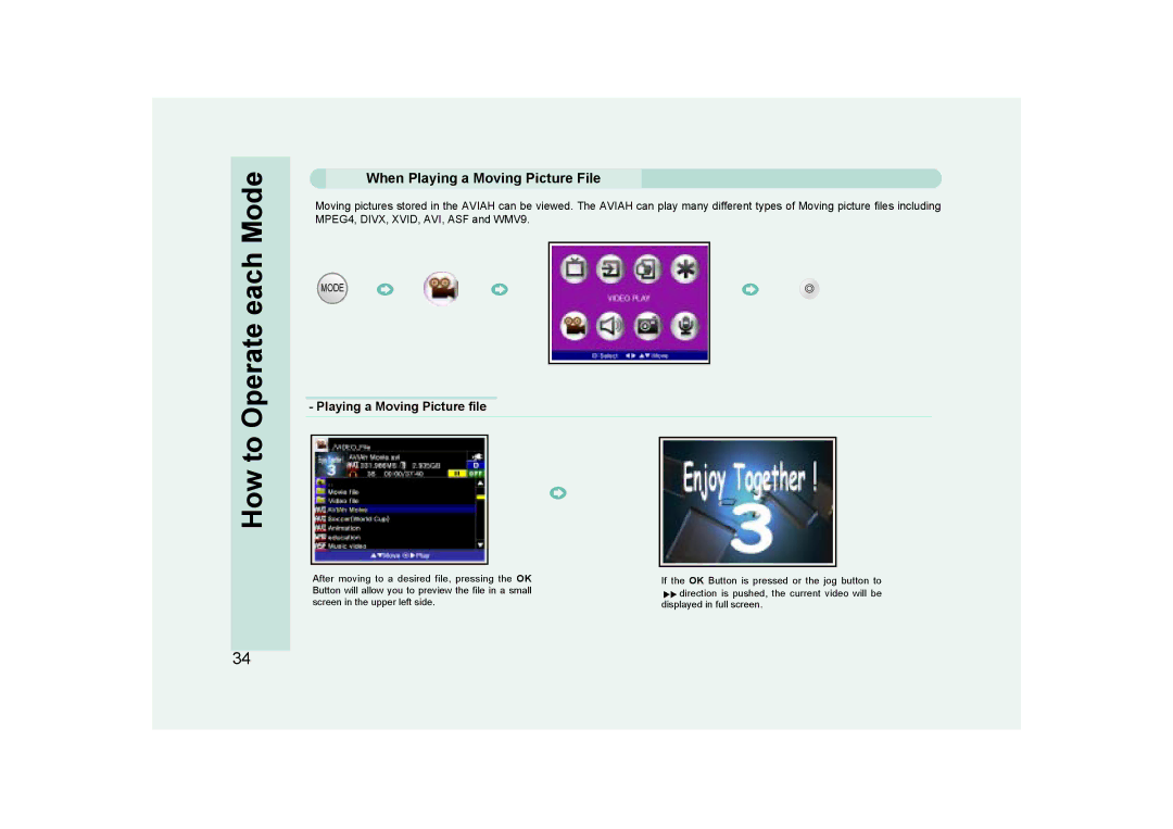 Ovideon AVIAh user manual When Playing a Moving Picture File, Playing a Moving Picture file 