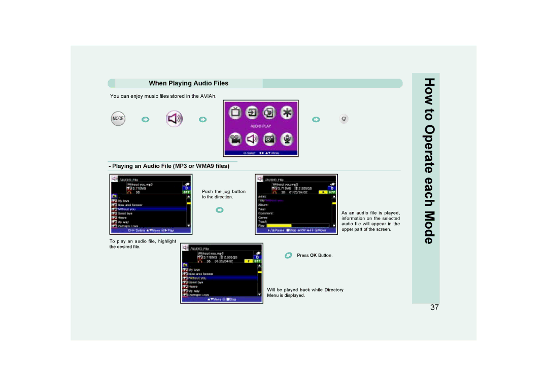 Ovideon AVIAh user manual When Playing Audio Files, Playing an Audio File MP3 or WMA9 files 