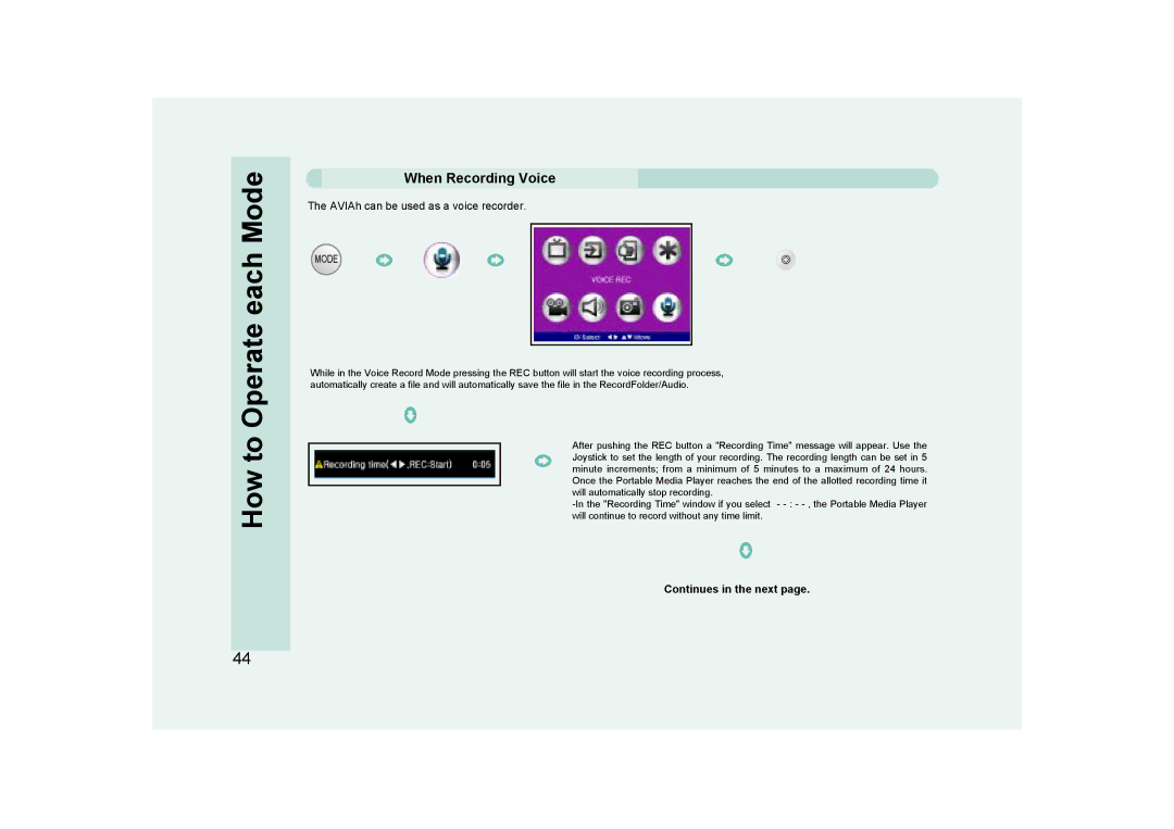 Ovideon AVIAh user manual When Recording Voice, Continues in the next 