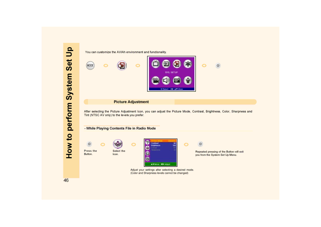 Ovideon AVIAh user manual How to perform System Set Up, Picture Adjustment, While Playing Contents File in Radio Mode 