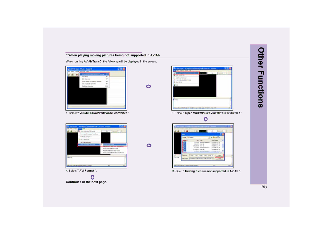 Ovideon user manual When playing moving pictures being not supported in AVIAh, Continues in the next 