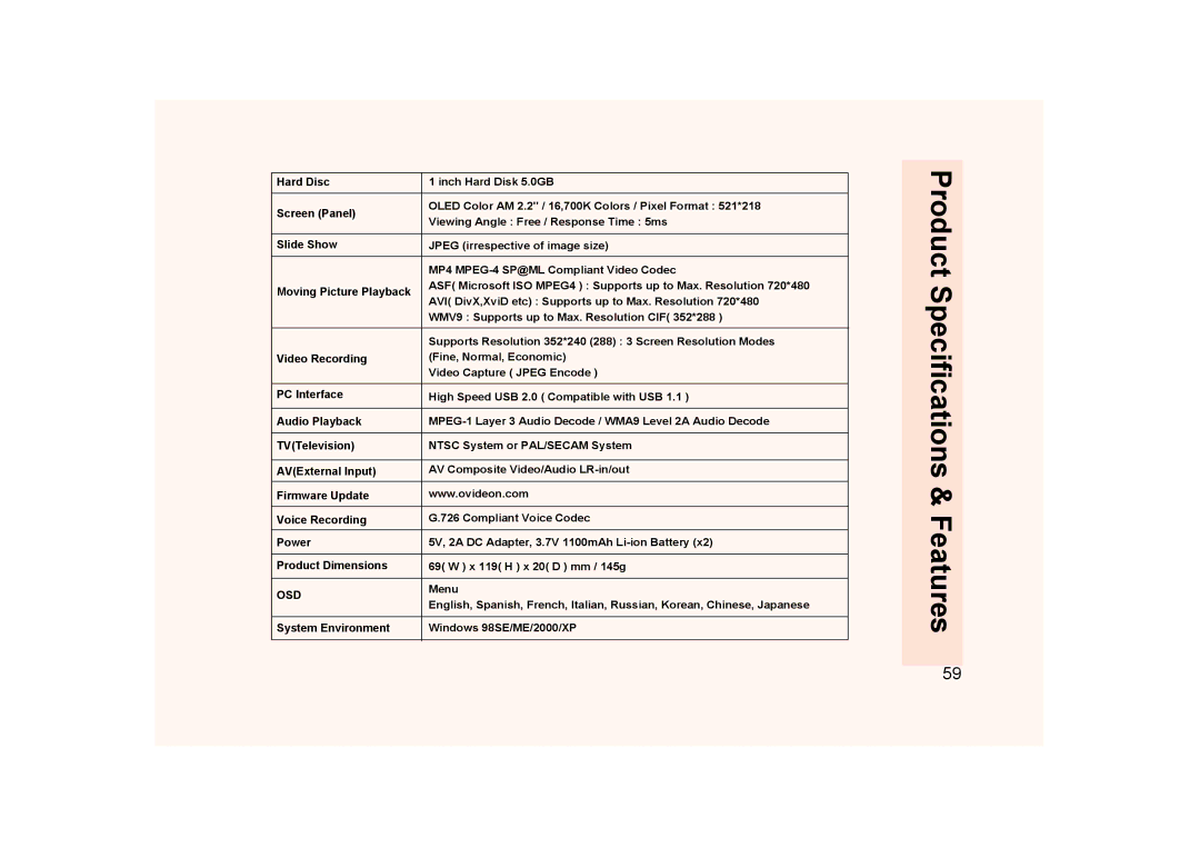 Ovideon AVIAh user manual Features, Product 