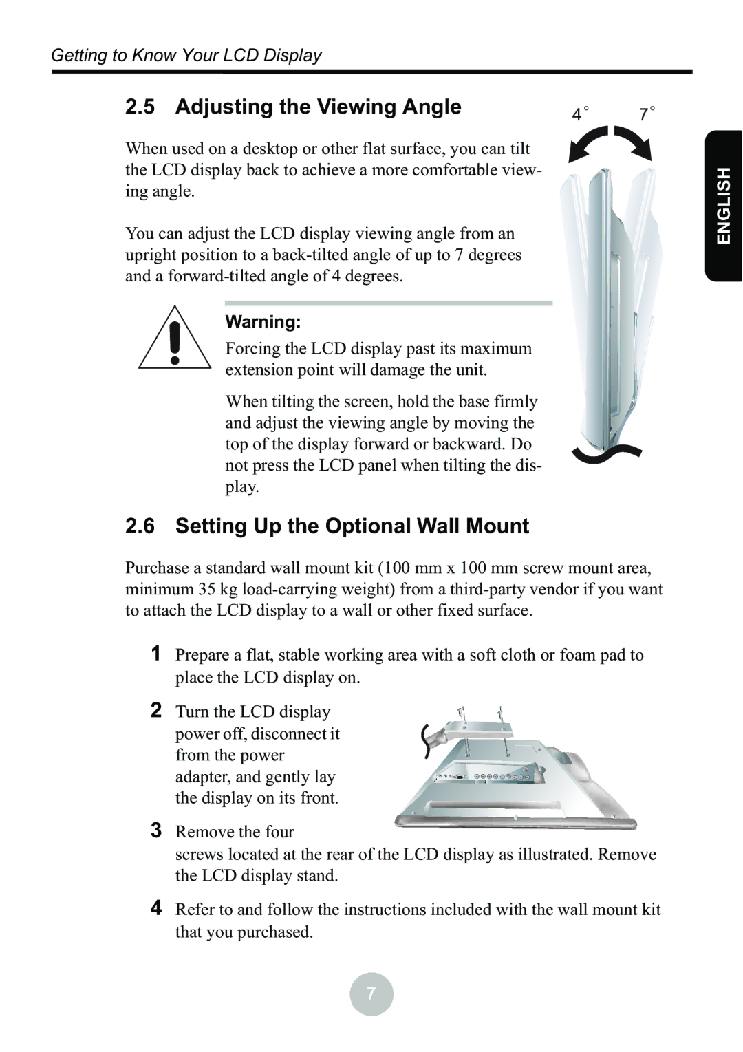 Ovideon LC2000 user manual Adjusting the Viewing Angle, Setting Up the Optional Wall Mount 