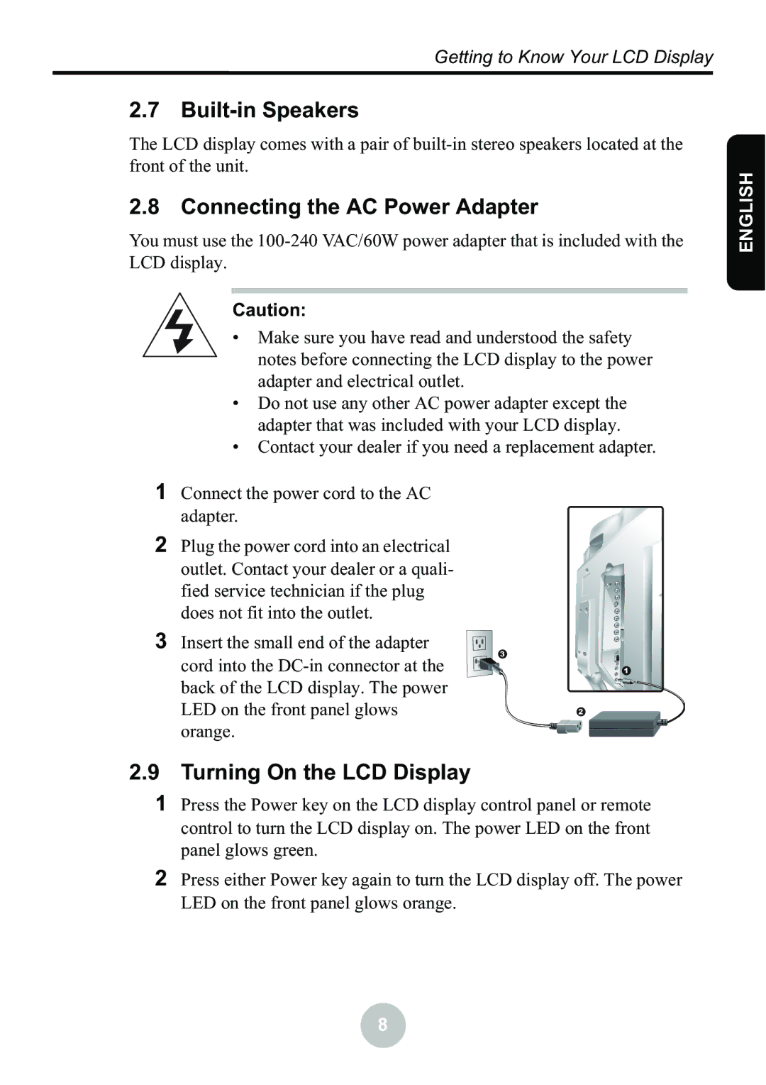 Ovideon LC2000 user manual Built-in Speakers, Connecting the AC Power Adapter, Turning On the LCD Display 