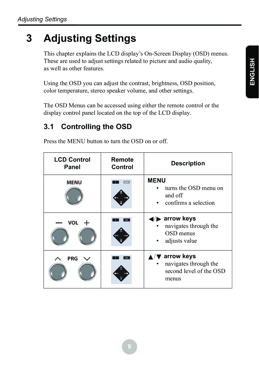 Ovideon LC2000 user manual Adjusting Settings, Controlling the OSD 