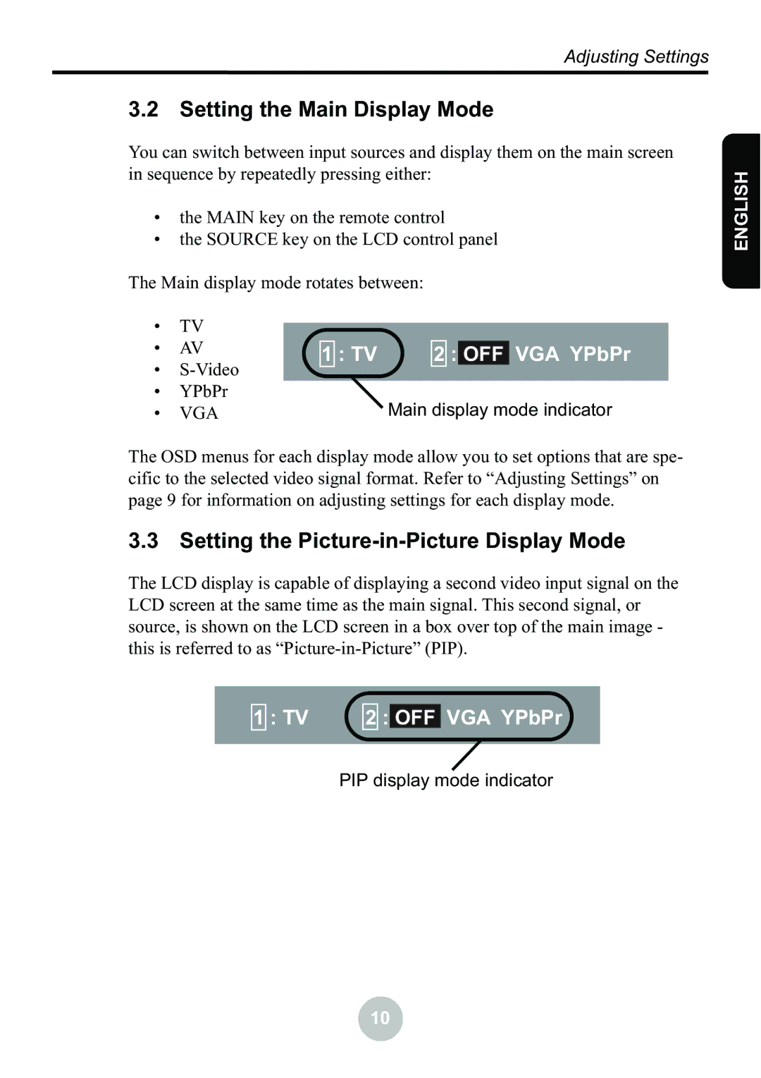 Ovideon LC2000 user manual Setting the Main Display Mode, Setting the Picture-in-Picture Display Mode 