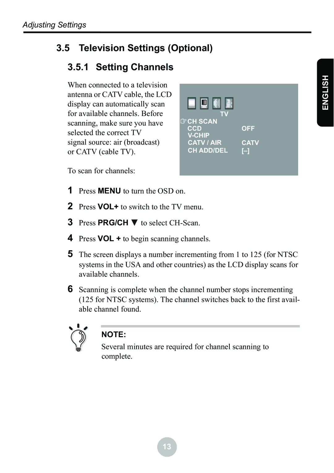 Ovideon LC2000 user manual Television Settings Optional Setting Channels 