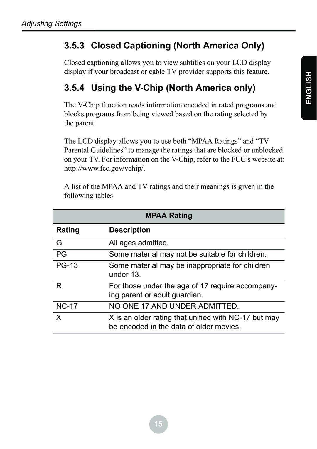 Ovideon LC2000 user manual Closed Captioning North America Only, Using the V-Chip North America only 