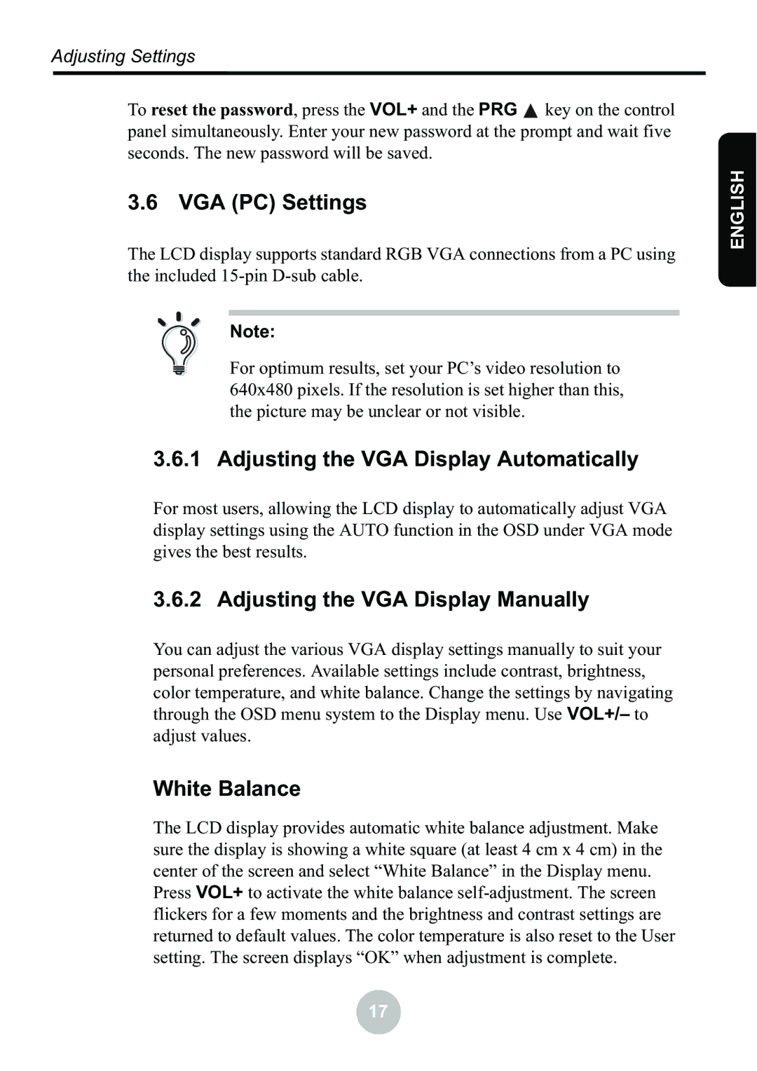 Ovideon LC2000 VGA PC Settings, Adjusting the VGA Display Automatically, Adjusting the VGA Display Manually, White Balance 