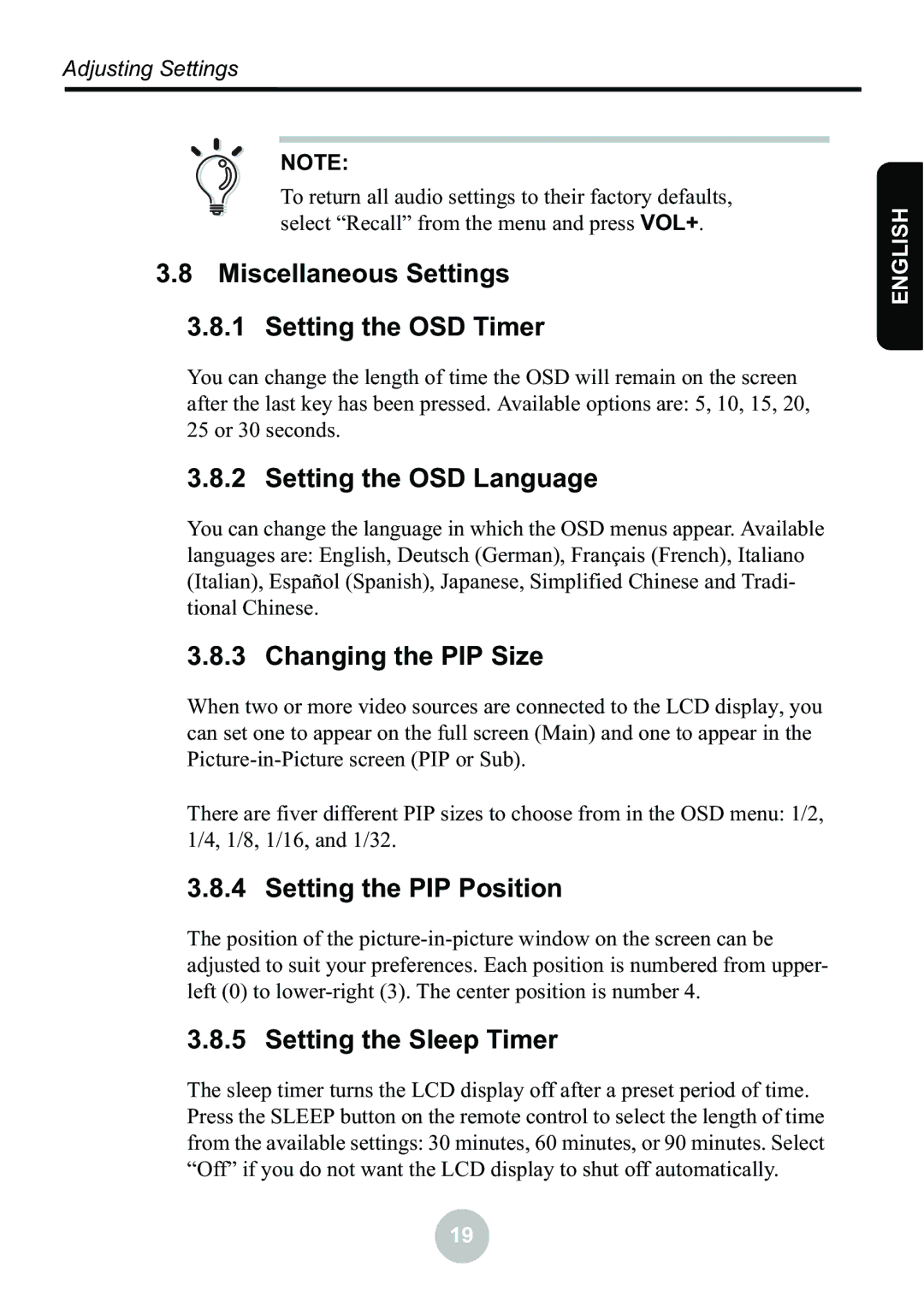 Ovideon LC2000 user manual Miscellaneous Settings Setting the OSD Timer, Setting the OSD Language, Changing the PIP Size 