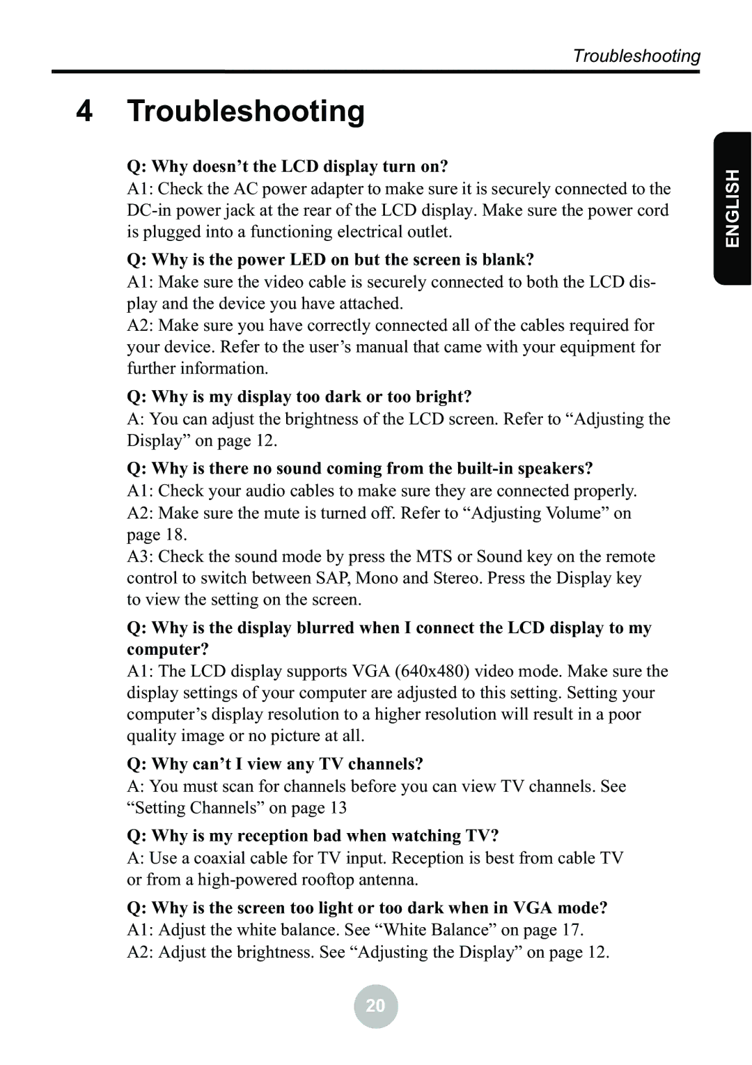 Ovideon LC2000 user manual Troubleshooting, Why doesn’t the LCD display turn on? 