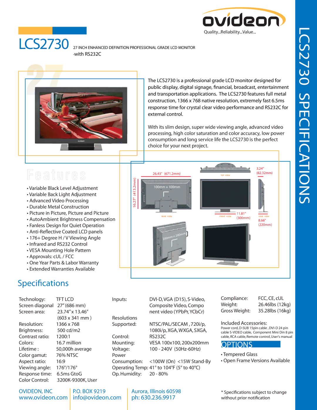 Ovideon RS232C specifications LCS2730 Specifications, Options, Tft Lcd 