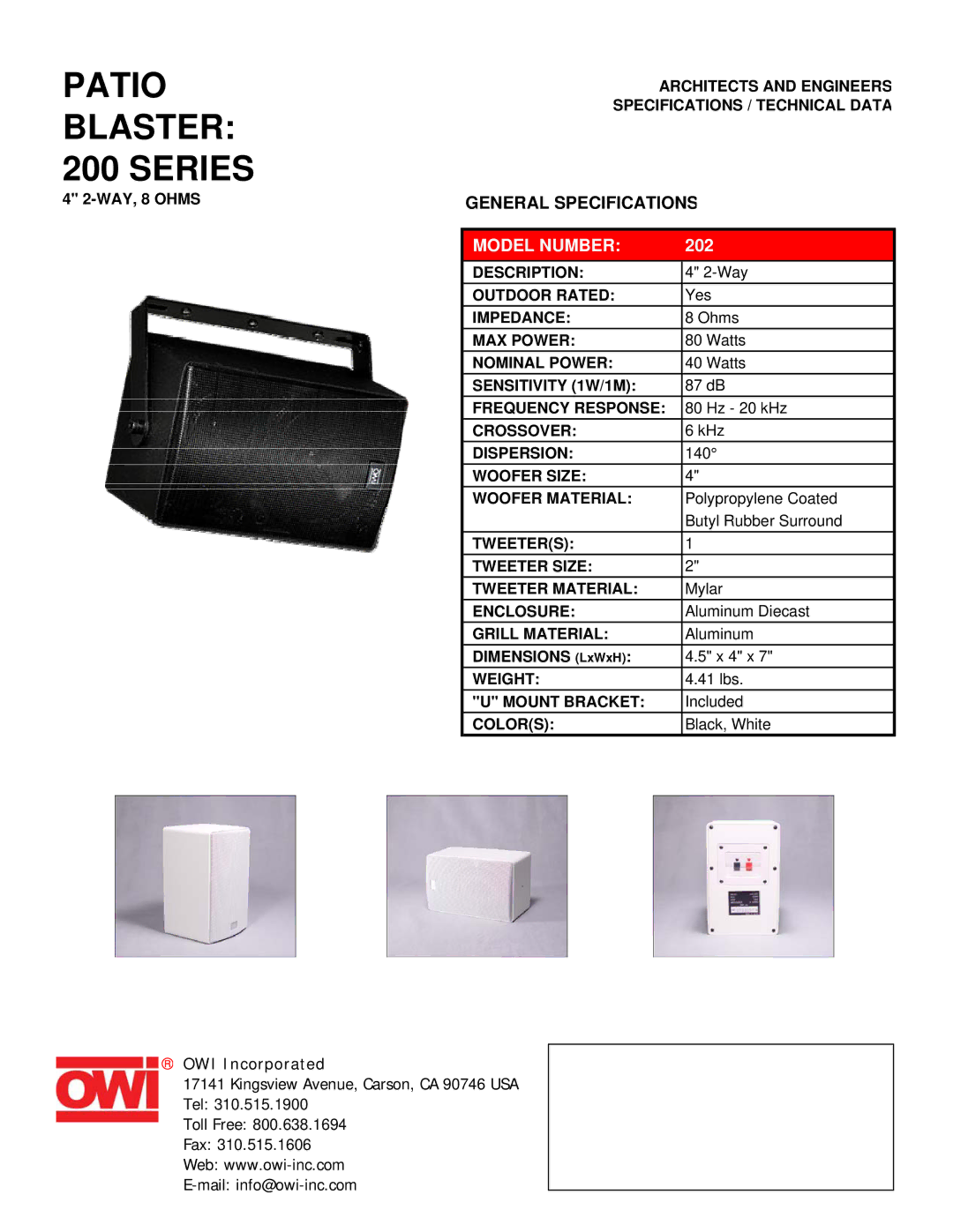 OWI specifications Patio Blaster 200 Series, Model Number, 202 