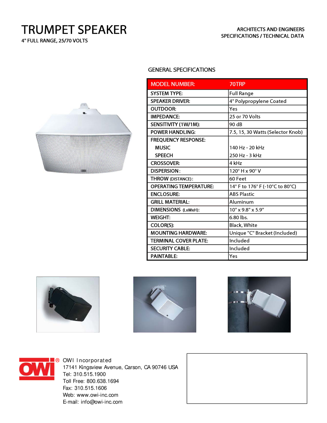 OWI specifications Trumpet Speaker, Model Number 70TRP 