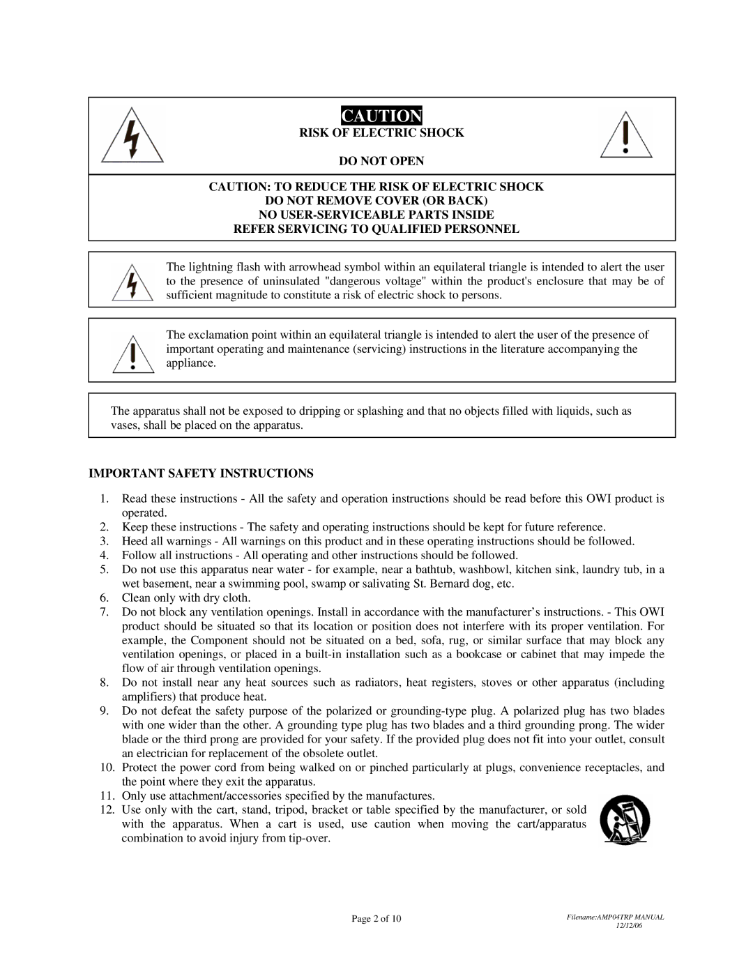 OWI AMP-04TRP installation instructions Important Safety Instructions 