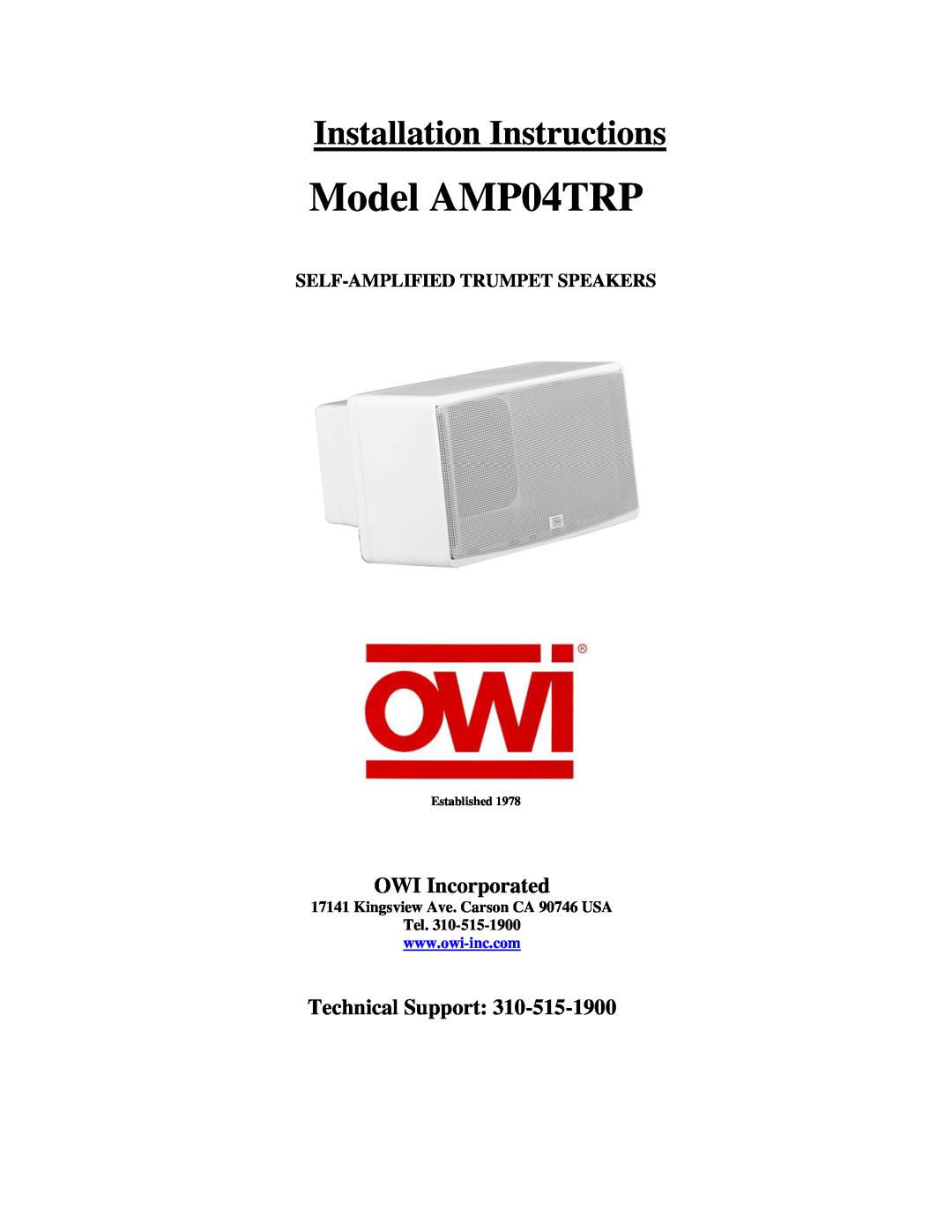 OWI AMP-04TRP installation instructions OWI Incorporated, Technical Support, Model AMP04TRP, Installation Instructions 