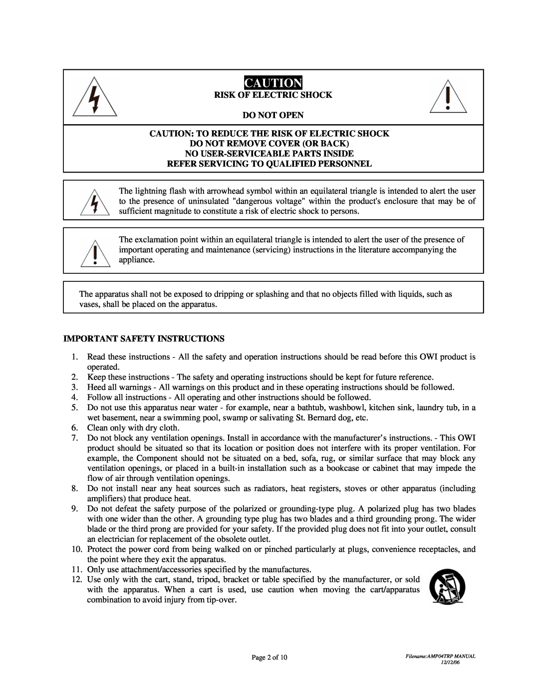 OWI AMP-04TRP installation instructions Risk Of Electric Shock Do Not Open, Caution To Reduce The Risk Of Electric Shock 