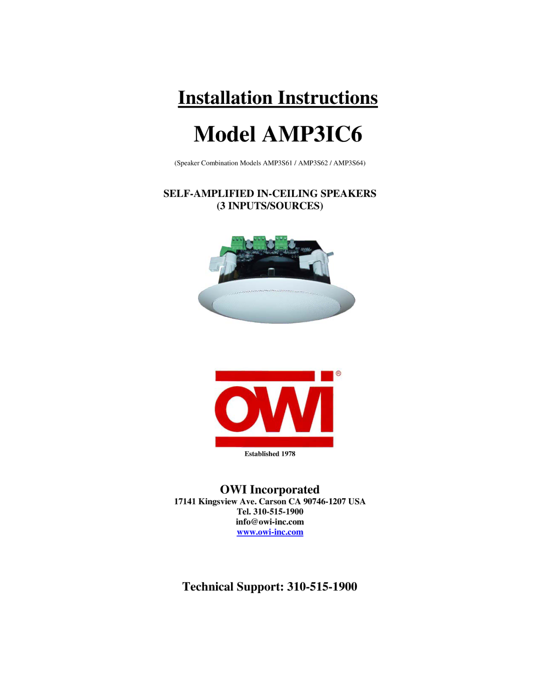 OWI AMP-3IC6 installation instructions Model AMP3IC6, Kingsview Ave. Carson CA 90746-1207 USA 