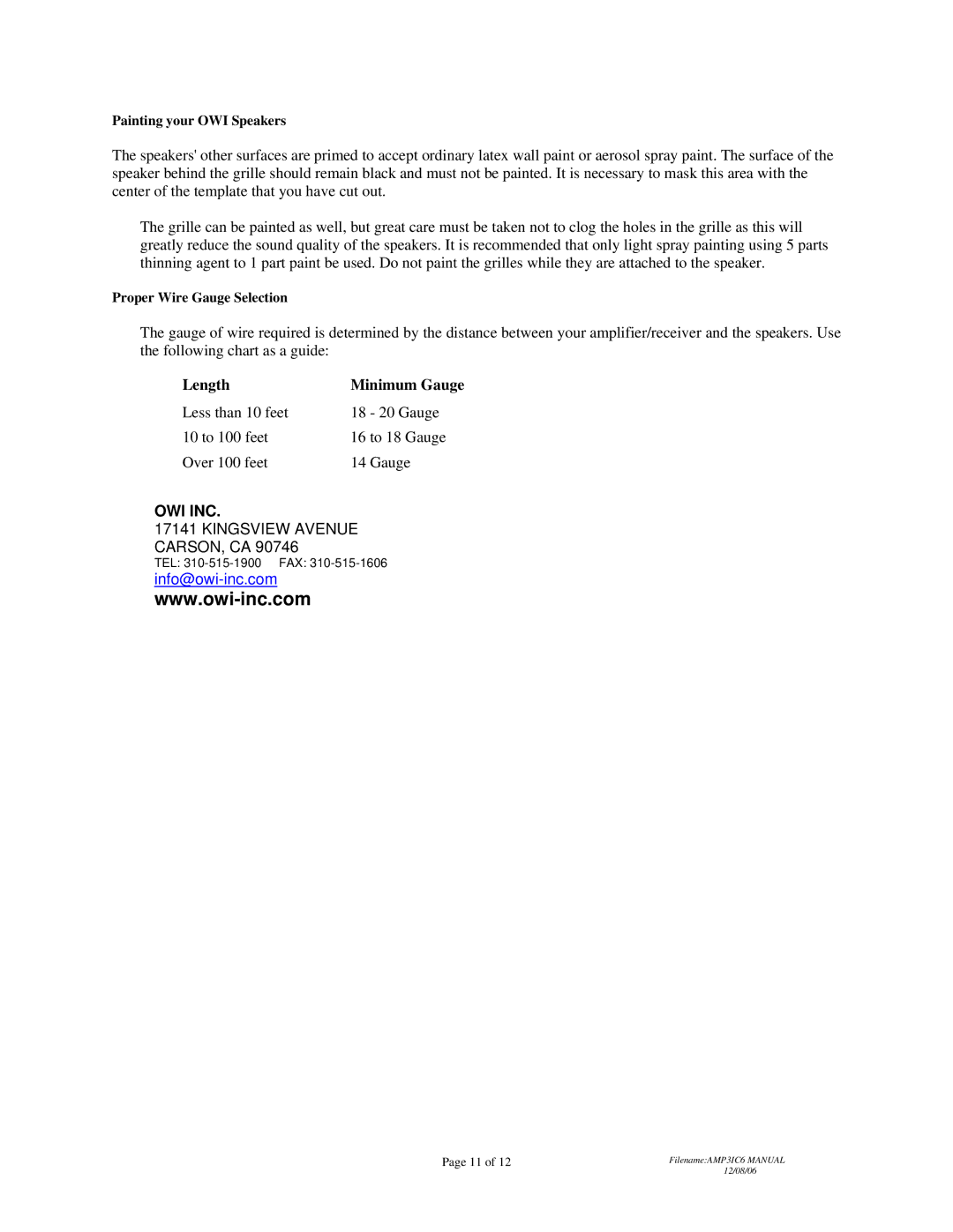 OWI AMP-3IC6 installation instructions Length Minimum Gauge, Owi Inc 