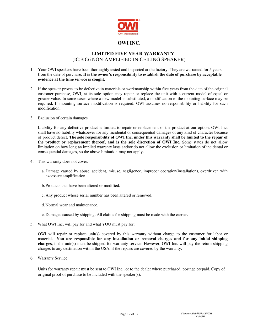 OWI AMP-3IC6 installation instructions FilenameAMP3IC6 Manual 