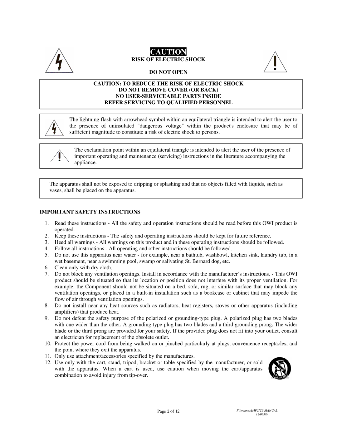 OWI AMP-3IC6 installation instructions Important Safety Instructions 