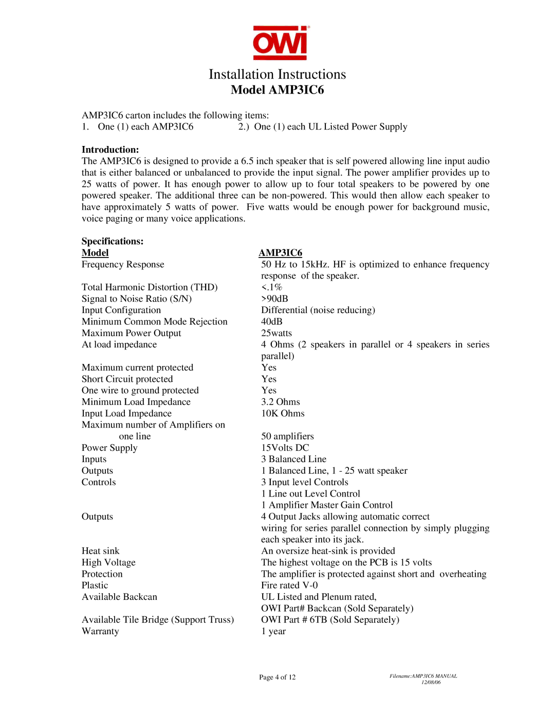 OWI AMP-3IC6 installation instructions Installation Instructions 