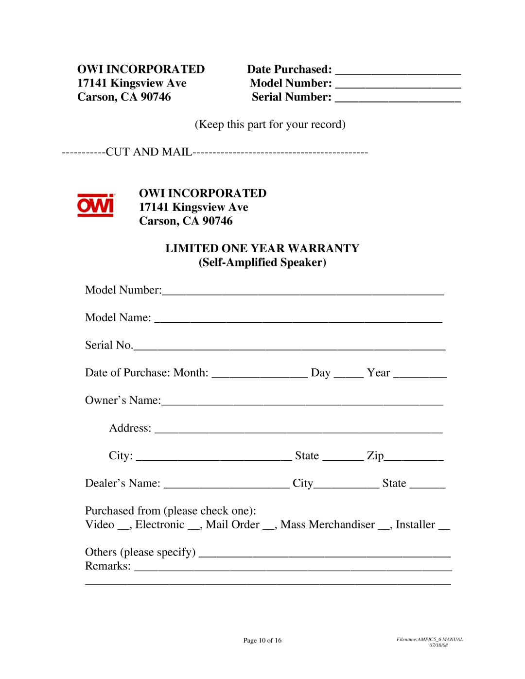 OWI AMP-IC5, AMP-IC6 installation instructions OWI Incorporated 