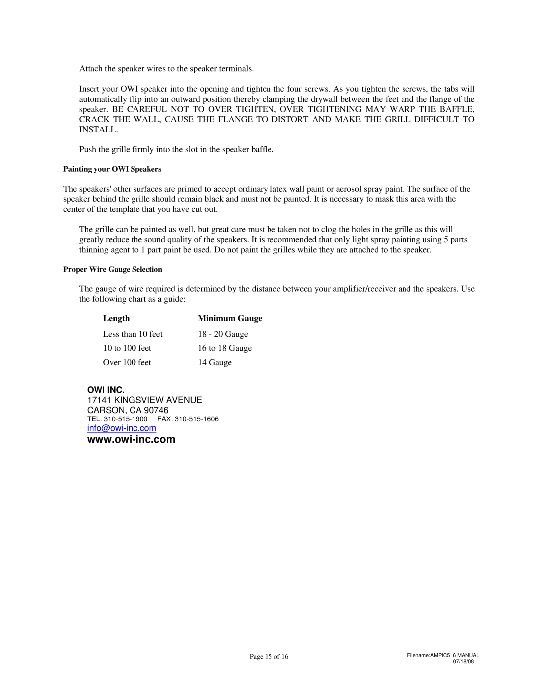 OWI AMP-IC6, AMP-IC5 installation instructions Length Minimum Gauge, Owi Inc 