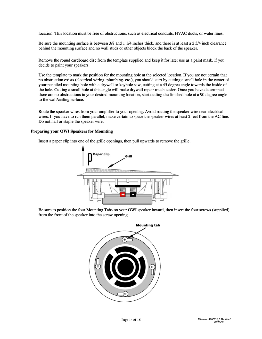 OWI AMP-IC5, AMP-IC6 installation instructions Preparing your OWI Speakers for Mounting, Page 14 of 