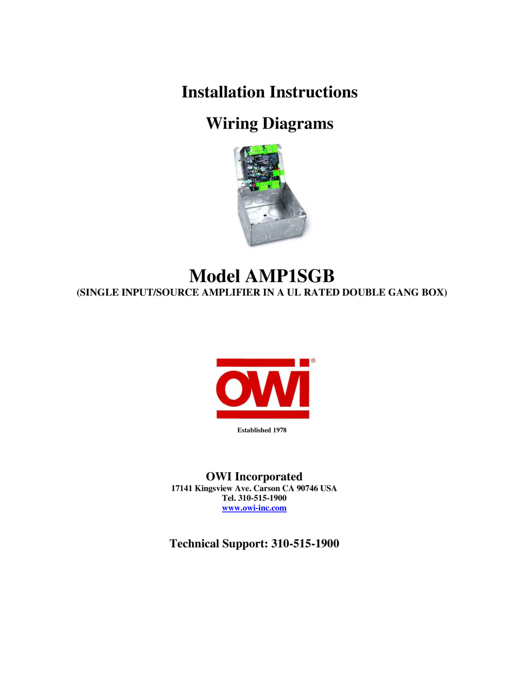 OWI installation instructions Model AMP1SGB 