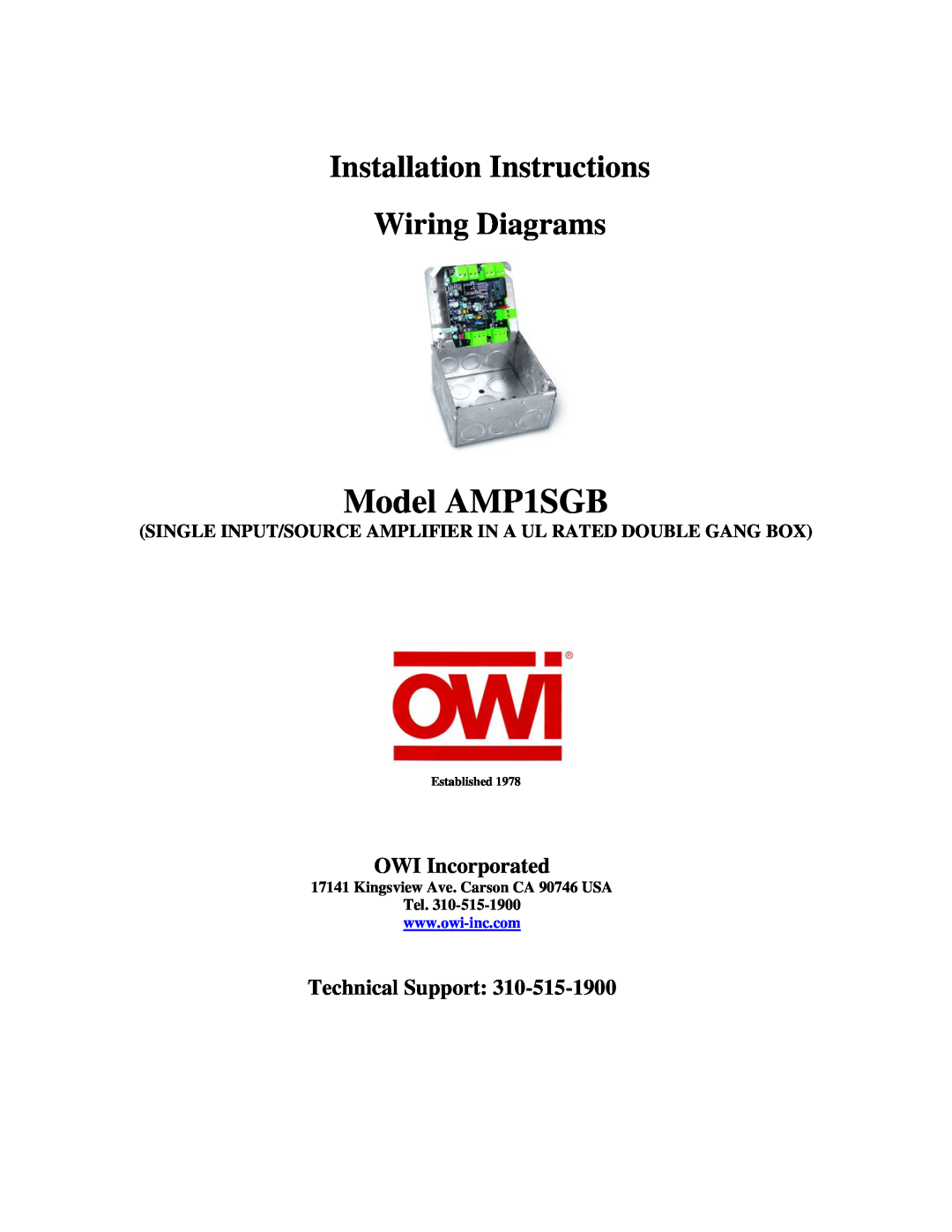 OWI installation instructions OWI Incorporated, Technical Support, Model AMP1SGB, Kingsview Ave. Carson CA 90746 USA 