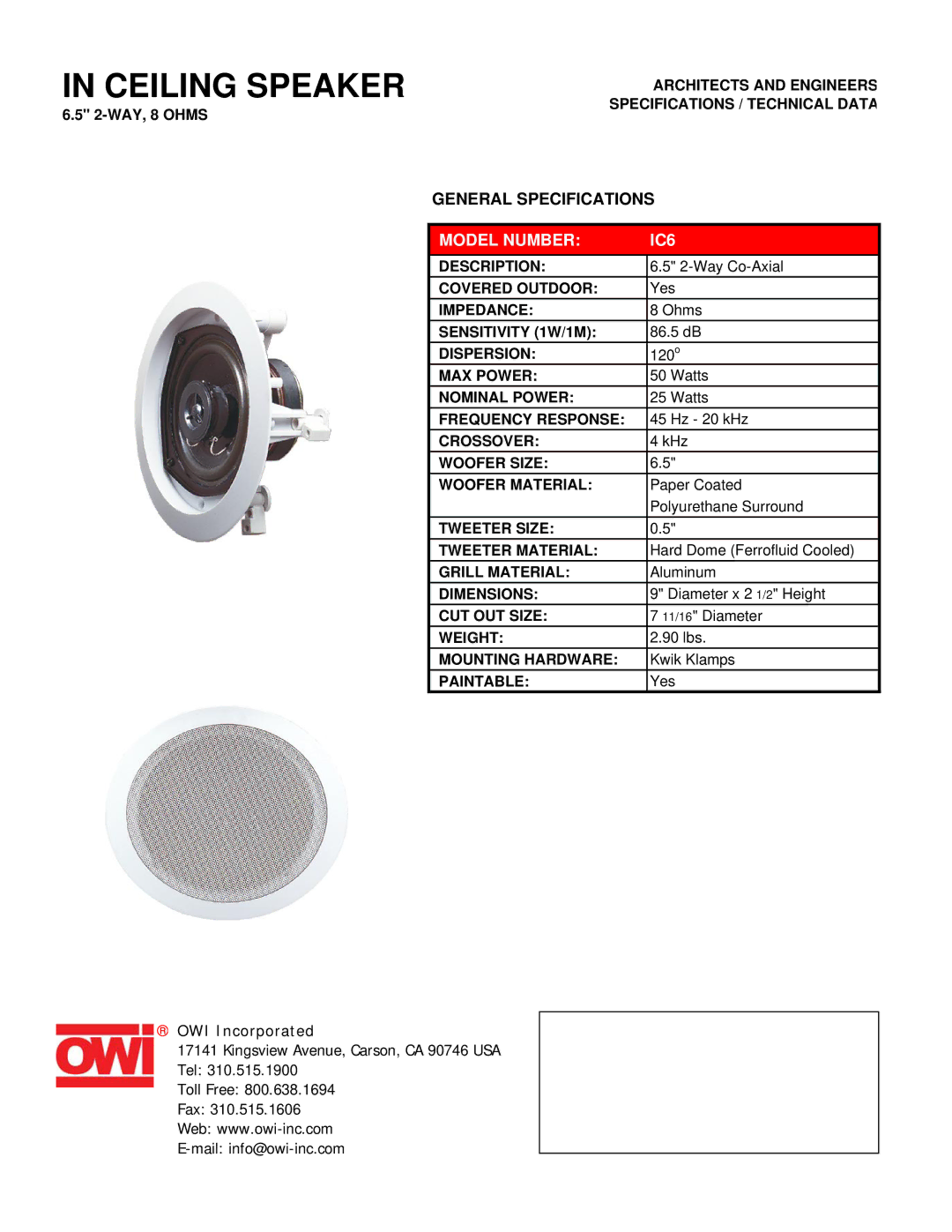 OWI AMP31C6 specifications Ceiling Speaker, Model Number IC6 