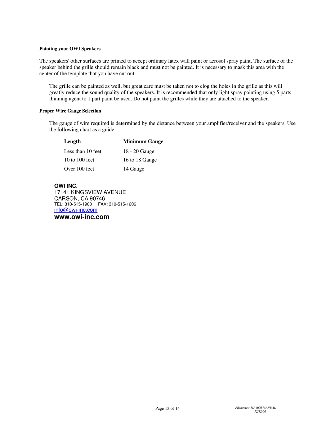 OWI AMP4IC6 installation instructions Length Minimum Gauge, Owi Inc 